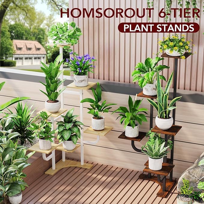 Corner Plant Stand with Grow Light - 6 Tier Plant Stand Indoor Square Metal Plant Shelf with Adjustable Light, Plant Organizer for Living Room, Graden, Home Decor (Maple) Homsorout