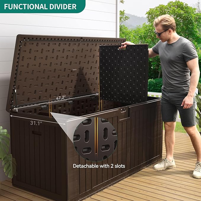 YITAHOME XXL 230 Gallon Large Deck Box,Outdoor Storage for Patio Furniture Cushions,Garden Tools with Flexible Divider,Waterproof,Lockable (Brown) YITAHOME