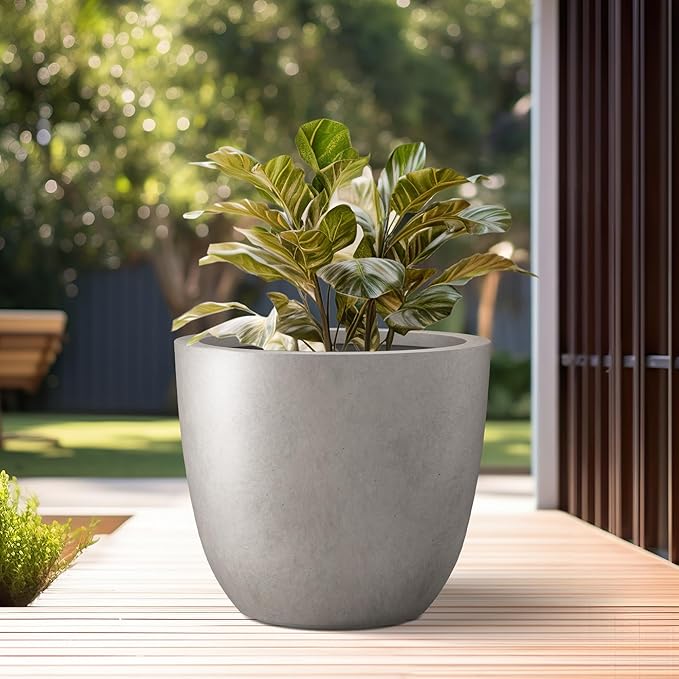 Kante 10 Inch Dia Round Concrete Planter, Indoor Outdoor Large Plant Pot with Drainage Hole and Rubber Plug for Home Patio Garden, Weathered Concrete Kante