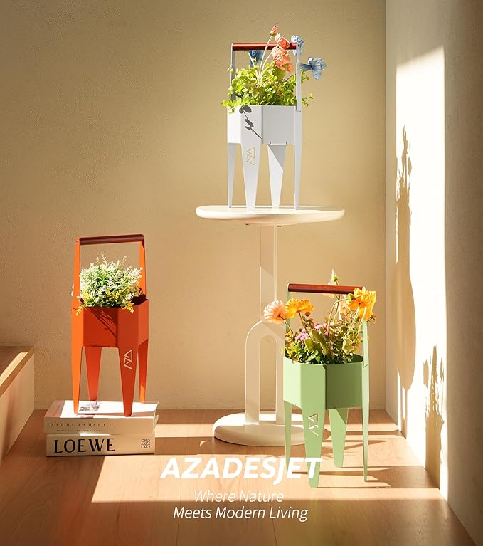 Planter with Stand, Metal 2 in 1 Portable Planter with Grow Bags & Handle, Stable Stylish Indoor Plant Pots with Stand, Modern Flower Pots Outdoor, 7.5'' x 17.3'', Green, Plant Not Included SculptingLightGarden