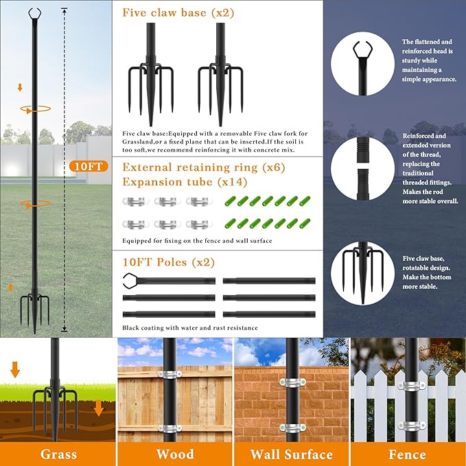 2 Pack String Light Poles,10 Ft Light Poles for Outside String Lights,Outdoor Lights Pole with Fork,Metal Poles Stand for Patio Deck Backyard Mutovlin