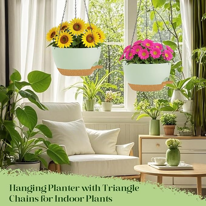 2 Pack 10 Inch Self Watering Hanging Planters for Indoor Plants, Large Green Brown Plastic Hanging Pots with Chains for Outdoor Patio Garden Home Decor (Green Brown) zople