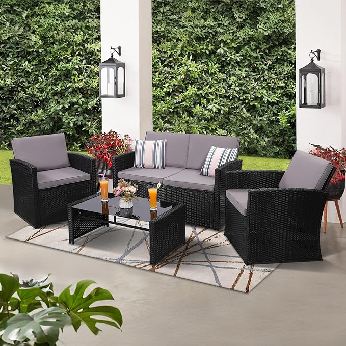 4-Piece Patio Furniture Set, Wicker Outdoor Rattan Sectional Sofa with Cushions and Glass Table, All-Weather Outdoor Conversation Set, Ideal for Garden, Porch, Backyard, Grey KROFEM