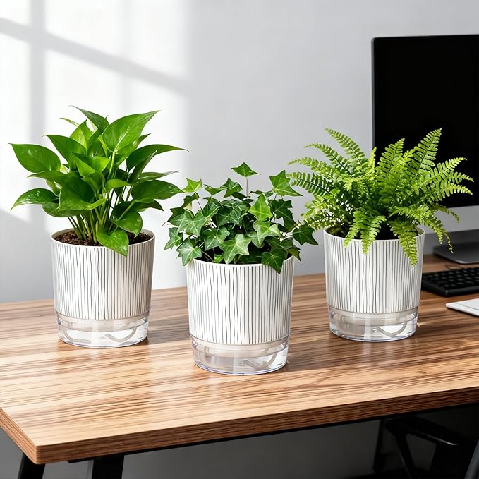 3 Pack Self Watering Pots Set, 4 Inch Self Watering Pots for Indoor Plants, Planter Pot with Wick Rope and Reservoir for African Violet, Spider Plant, Orchid Rootora