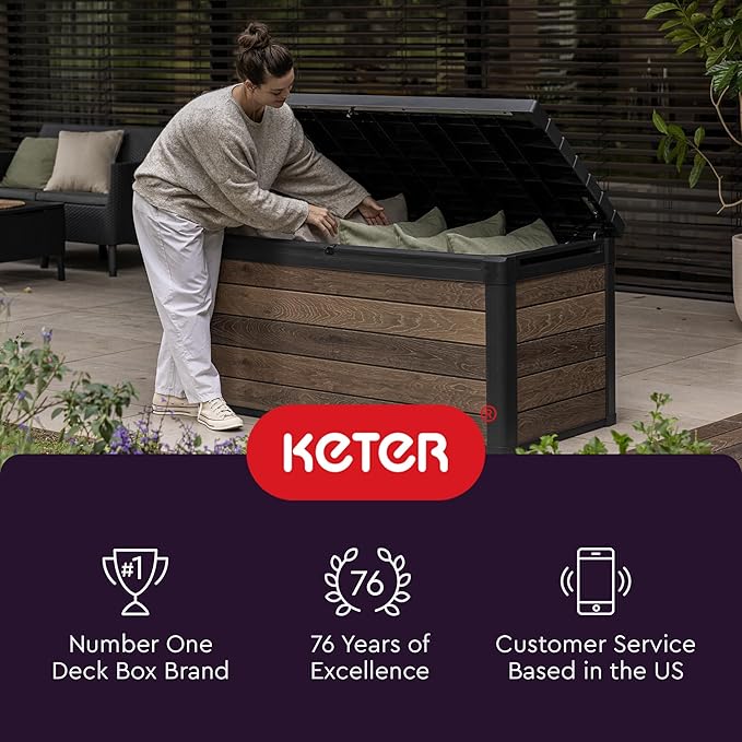 Keter Denali 150 Gallon Resin Large Deck Box with Double Wall 20mm Panels - Paintable and Drillable-Organization and Storage for Patio Furniture and Outdoor Items, Grey & Black Keter