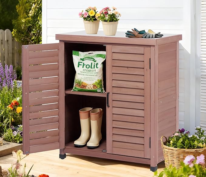 Outdoor Potting Bench with Storage Cabinet and Metal Top, Wood Workstation for Outdoor Patio, Garden (Dark Brown, 31x17x36‘’) Wood-Natrl
