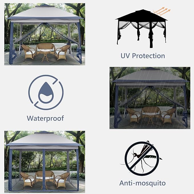 GDY 11x11 Pop Up Canopy Tent, Outdoor Canopy with Netting, Outdoor Gazebo for Backyard, Tent with Handbag, Blue. GDY