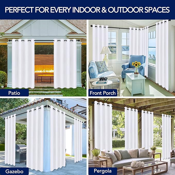 PureFit Outdoor Curtains for Patio Waterproof Weatherproof, UV Resistant Outside Curtains for Gazebo, Front Porch, Pergola, Sun Blocking Privacy Curtain, 52W x 84L inch, 1 Panel, White PureFit