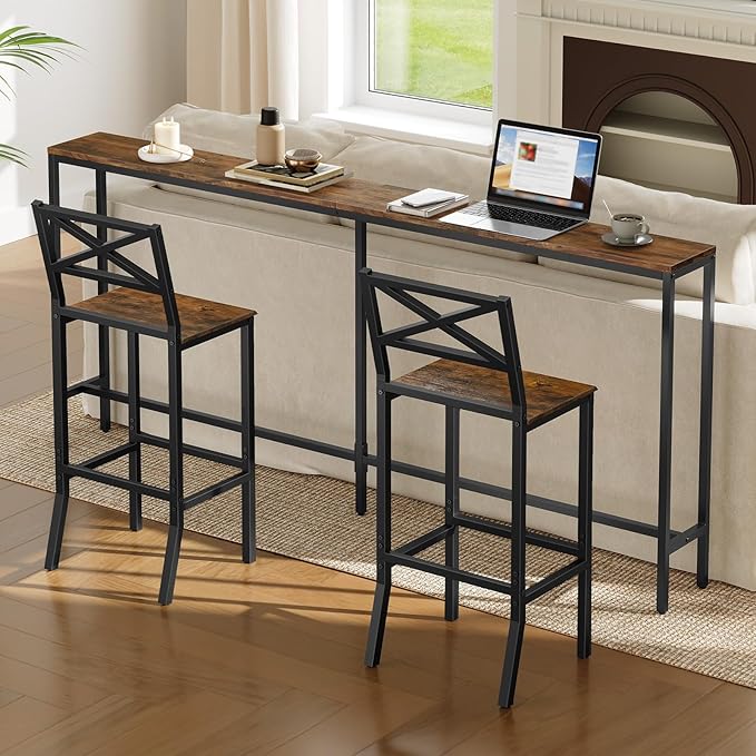 Bar Stools, Set of 2 Bar Chairs with Backrest and Footrest, 26" Tall Counter Bar Stools, Kitchen Breakfast Bar Chairs, Easy Assembly, for Dining Room, Rustic Brown BAHR0901N1 MAHANCRIS