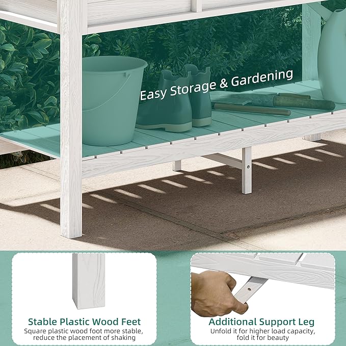 YITAHOME 48x18x30in Raised Garden Bed HDPE, Weather-Resistant Poly Lumber Planter Box with Legs & Storage Shelf, Elevated Garden Bed for Yard, Garden, Balcony - White YITAHOME