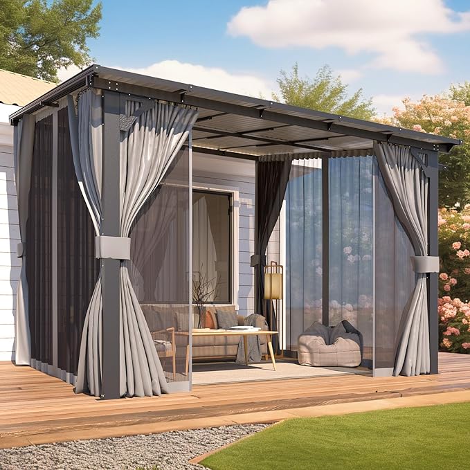 AECOJOY 10’ x 10’ Gazebo, Wall Mounted Gazebos Pergola with Curtains and Mosquito Netting, Enhanced Protective Outdoor Patio Lean to Gazebo Awnings for Deck, Porch, Backyard and Outside AECOJOY
