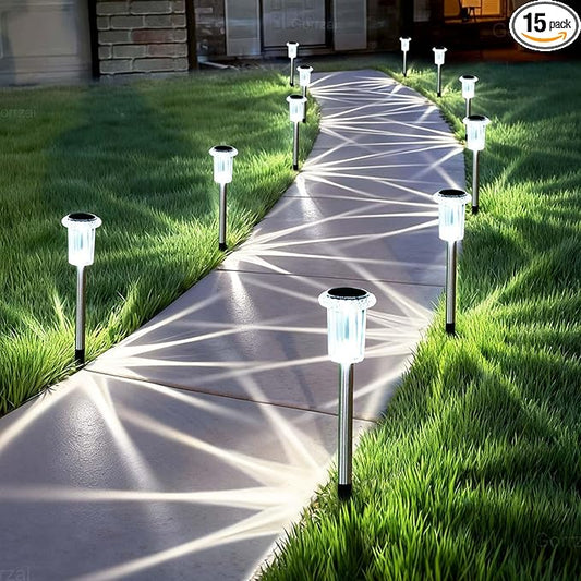 15 Pack Solar Pathway Lights Solar Lights Outdoor, Led Waterproof Yard Walkway Lighting Stainless Steel Garden Stake for Outside, Path, Landscape, Driveway, Backyard (Cold White) Gorrzai
