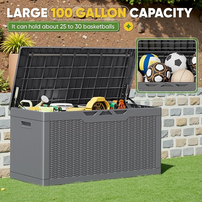 Greesum Outdoor Storage Box 100 Gallon Storage Bin with Lid for Patio Furniture, Garden Tools, Pool Supplies, Lockable, Waterproof and UV Resistant, Gray BuynowfromGreesum