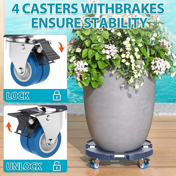 VANCASTLE Plant Caddy with Lockable Wheels Heavy Duty 450lbs Capacity, 15-22 Inch Adjustable Plant Stand with Wheels Rolling base, Plant Dolly for Flower Pot Mover Indoor Outdoor, Blue, 2 Pack VANCASTLE