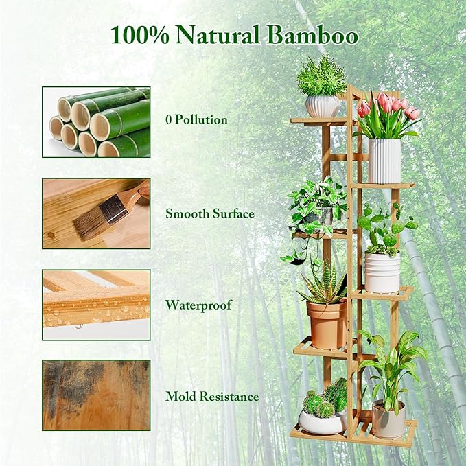 DolceLuna Plant Stand Indoor Corner, Tiered Bamboo Plant Shelf 46 Inch Tall, Plant Rack 6 Tier for Multiple Small Plants, Flower Holders for Living Room Bedroom Window Patio Balcony, Natural DolceLuna