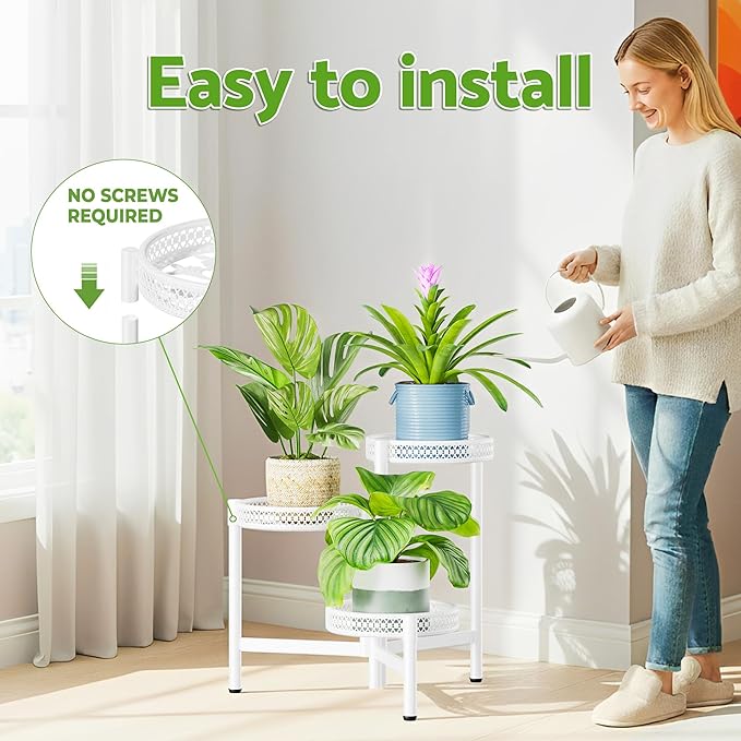 3 Tiered Tall Plant Stand Indoor Outdoor, Metral Plant Shelf for Corner Display Rack, Multi-Tier Folding Planter Pot Holder Flower Stand for Living Room Balcony Garden Patio - WhiteWave Rootora