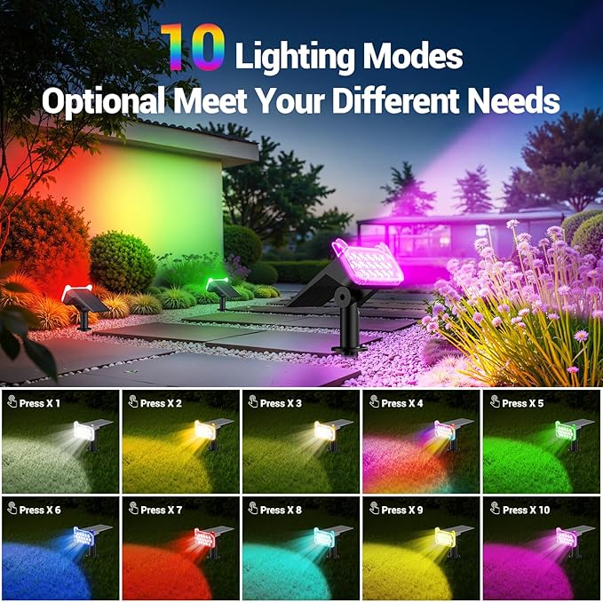 WdtPro 2 Pack Solar Color Changing Spot Lights, 10 Lighting Modes Solar Lights Outdoor Waterproof, Multicolor RGB Outdoor Lights, 9 Colors Auto Cycling Landscape Spolights for Yard Garden Decoration WdtPro
