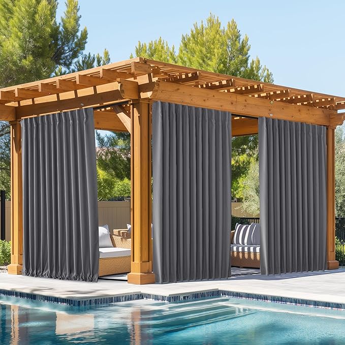 NICETOWN 2 Panels Outdoor Curtains Waterproof Pocket & Back Tab on Top & Bottom, Thermal Insulated Windproof Sun Blocking Outside Privacy Drapes for Patio with Fixed Rope, W84 x L84, Grey NICETOWN