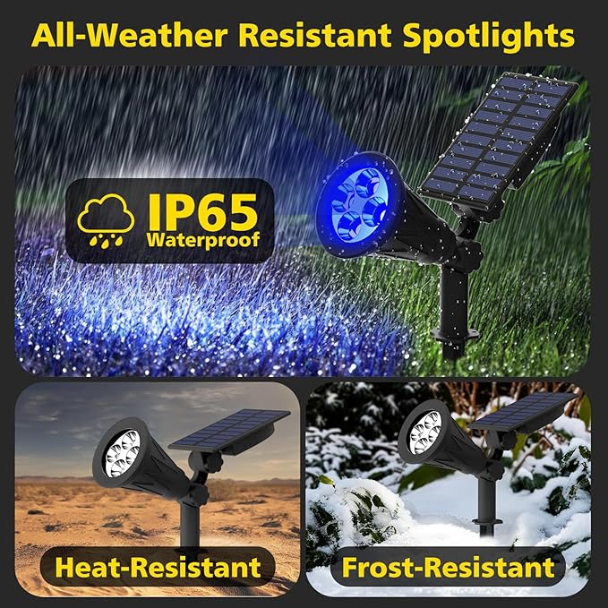 T-SUN Blue Solar Spotlights, Solar Lights Outdoor Waterproof, Auto ON/Off Adjustable Solar Garden Pond Lights for Tree, Patio, Yard, Garden, Driveway, Stairs, Pool Area (Blue- 2 Pack) T-SUN