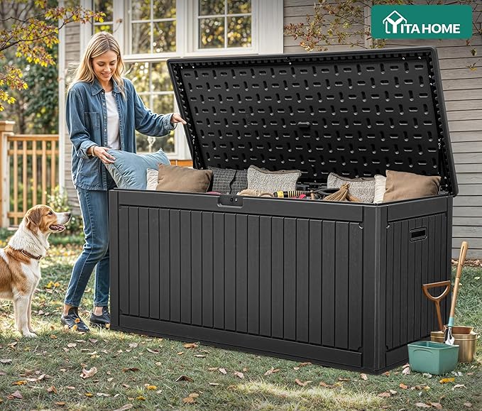 YITAHOME 260 Gallon Large Deck Box with Divider & Side Handles, Outdoor Double-Wall Storage for Patio Furniture Cushions, Garden Pool Accessories, Water Resistant & Lockable YITAHOME