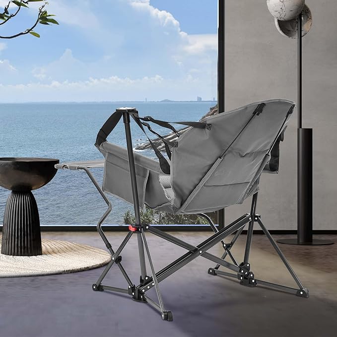 Ainfox Hammock Camping Chair with Footrest, Foldable Portable Rocking Chairs for Adults Outside Swinging Camp with Cup Holder Pillow for Outdoor Patio Poolside (Light Grey) Ainfox