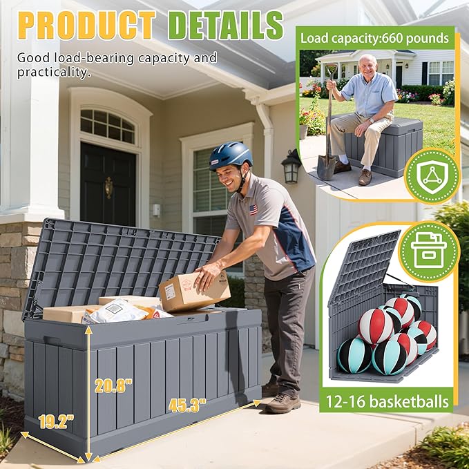 Greesum Outdoor Storage Box 82 Gallon Storage Bin with Lid for Patio Furniture, Garden Tools, Pool Supplies, Waterproof and UV Resistant, Lockable, Gray BuynowfromGreesum