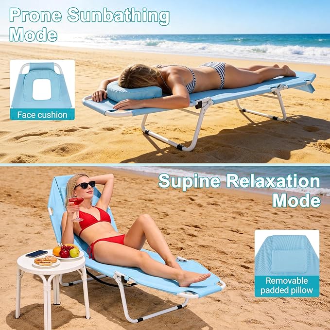 ABORON 2-in-1 Tanning Chair with Face Hole, Folding Camping Cot for Adults, 5-Position Adjustable Lounge Chair with Pillow, Heavy Duty 600D Oxford Portable Cot for Beach, Patio, Poolside ABORON