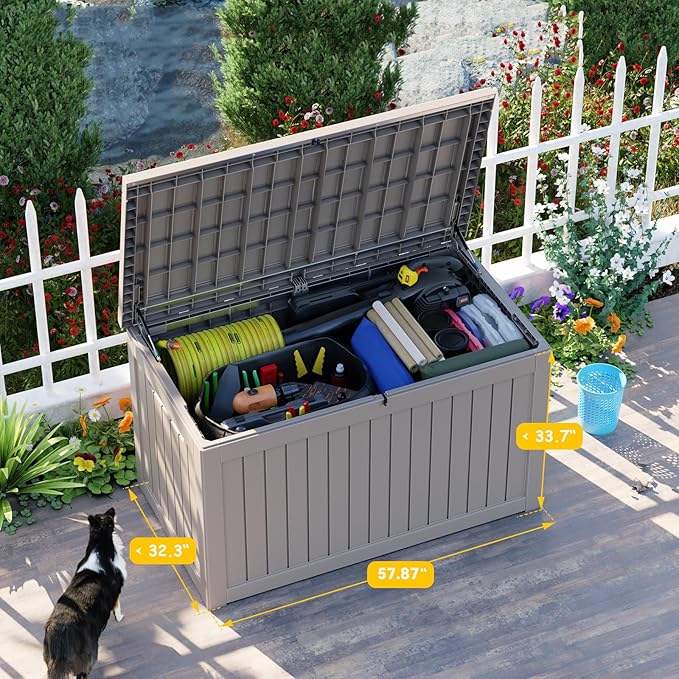 280 Gallon Resin Deck Box, Lockable Patio Outdoor Storage Box for Furniture, Garden Tools and Tools Storage, Waterproof Outside Storage Boxes - Grey OutdoorLivingPerfected