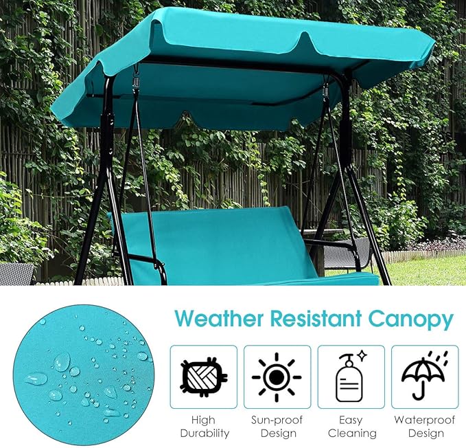 Tangkula 2 Person Porch Swing, Outdoor Swing with Removable Cushions, Solid Steel Structure, Patio Swing with Adjustable Canopy for Porch, Backyard, Garden, Balcony Turquoise TANGKULA