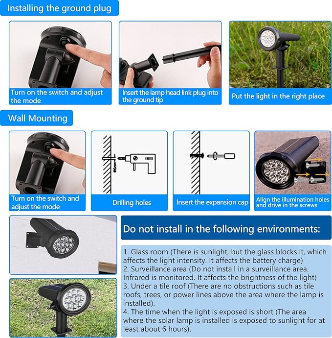 Solar Spot Lights Outdoor，Solar Lights Outdoor Waterproof IP68，Dark Sensing Auto On/Off，Suitable for Garden, Corridor Landscape Lighting and Flag Lighting. (Warm White, 4-Pack) Rootora