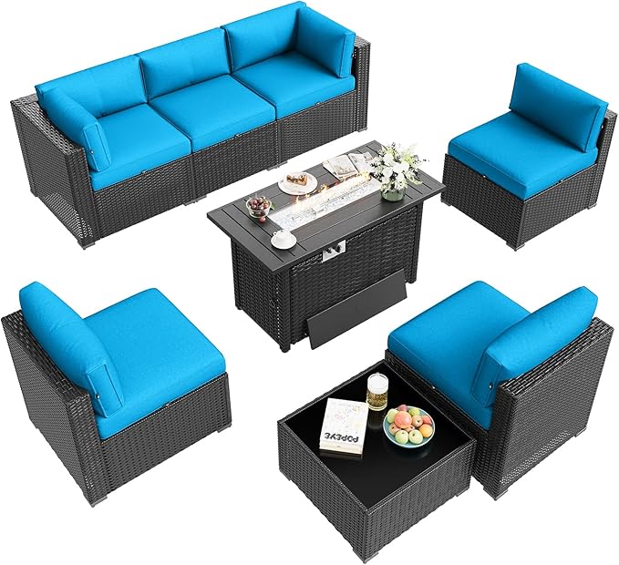 Aoxun Patio Furniture Set with Fire Pit Table, 8 Piece Outdoor Sectional Sofas, Wicker Rattan Outdoor Furniture with Thickened Cushion for Backyard, Garden Peacock Blue Aoxun