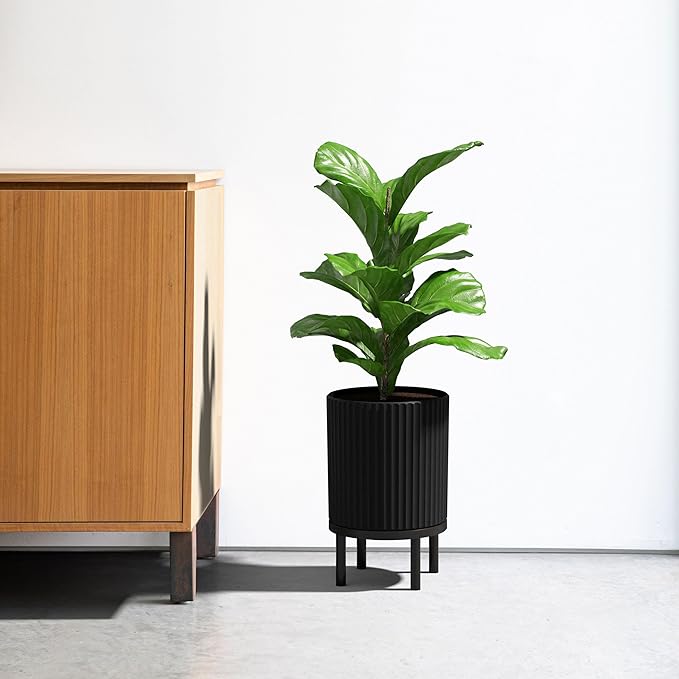 Veradek Demi Series Round Planter w/Stand for Porch/Patio | Durable Plastic-Stone Composite & Wooden Stand | Modern Décor for Tall Plants, Flowers VeradekOutdoor