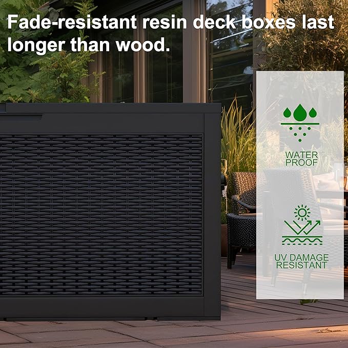 100 Gallon Outdoor Deck Box, Lockable Waterproof Outdoor Storage Boxes For Garden Tools,Indoor Cushions,Accessories Outside Storage Resin Weatherproof Container(Black) MAIUSCOLI