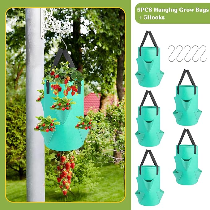 5 Pack Upside Down Strawberry Hanging Planter, 3 Gallon Tomato Hanging Grow Bags with 5 Hooks, Hanging Tomato Strawberry Grow Planters Vegetable Planting Bags with 6 Planting Holes for House Garden Rootora
