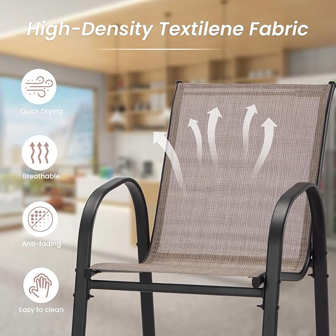 HOMREST Outdoor Bar Height Stools Set of 8,High Back Patio Chairs with Armrests,Textilene Chairs with Breathable Fabric & Metal Frame for All Weather,Taupe HOMREST