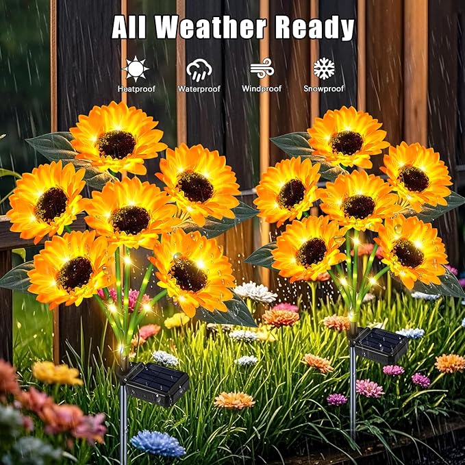 Solar Sunflower Lights Outdoor Flower Garden Stake Lights,4 Pack 24 Sunflower Waterproof Lights for Outside Party Gardening Gifts Mother's Day for Patio Yard Pathway Party Housewarming Gift yeuago