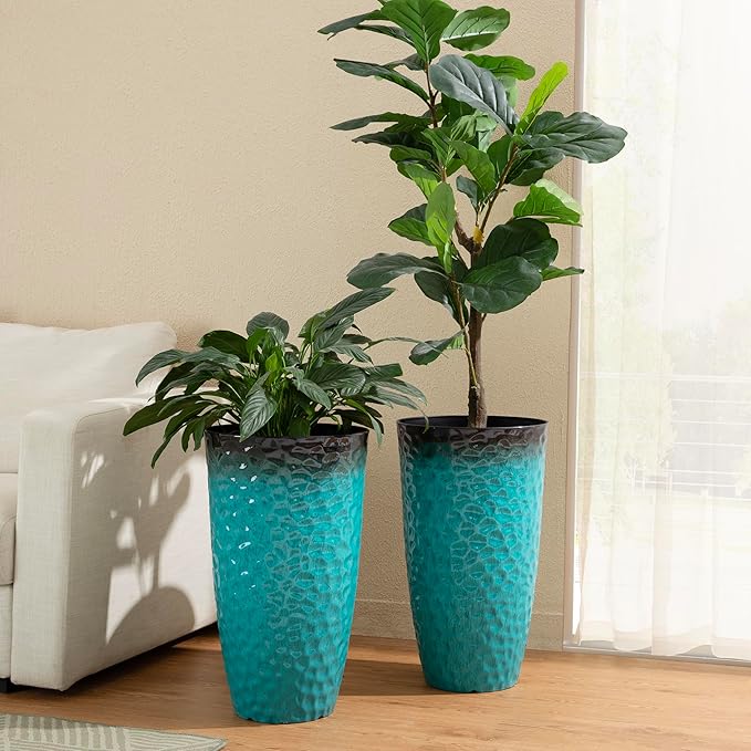 Glitzhome 23.75" H Large Planters for Outdoor Plants,Set of 2 Plastic Tall Outdoor Planters with Drainage Holes,Honeycomb Textured Gradient Turquoise Finish, Large Flower Pots for Front Porch Indoor Glitzhome