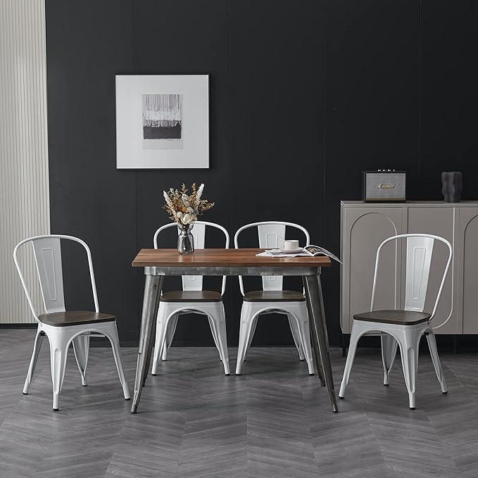 Nazhura Metal Dining Chair Farmhouse Tolix Style for Kitchen Dining Room Café Restaurant Bistro Patio, 18 Inch, Stackable, Waterproof Indoor/Outdoor (Sets of 4) (White with Wood Padding) NazhuraGoodCompanionAtHome