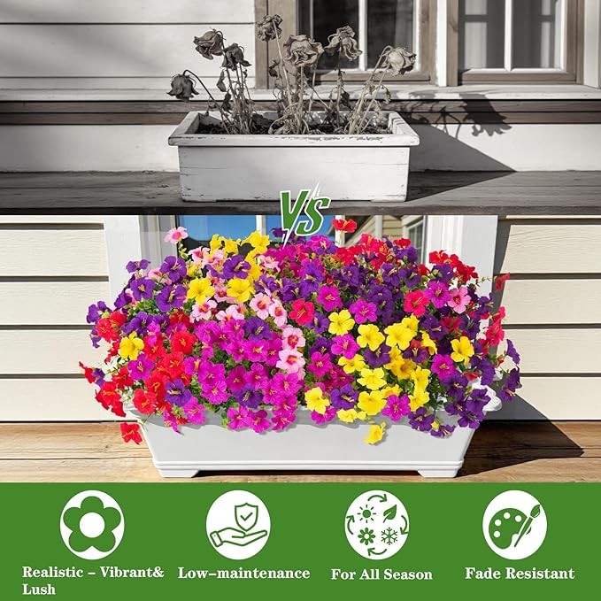 INQCMY Artificial Fake Petunias Flowers for Outdoors Spring Decoration, 12 Bundles Faux Plants Outdoor UV Resistant Realistic Silk Flower for Outside Planters Patio Porch Yard Window Box INQCMYPlantRack