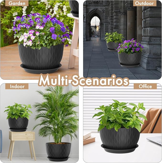 12 Inch Large Plant Pots for Indoor or Outdoor Plants, Wide Water Ripples Flower Pots with Drainage Holes & Saucer, Plastic Planters Set for Garden & Home Decor (Black) WSMKSZ