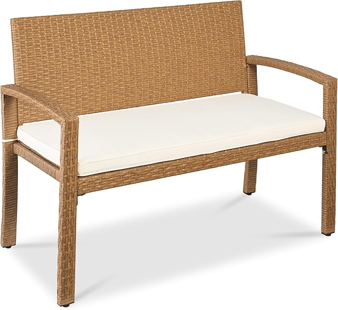 Best Choice Products Outdoor Bench 2-Person Wicker Garden Patio Benches Seating Furniture for Backyard, Porch w/Seat Cushion, 700lb Capacity - Ivory/Natural BestChoiceProducts