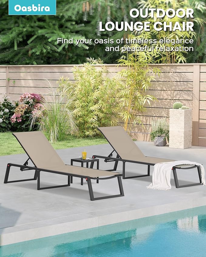 Aluminum Chaise Lounge Chair Outdoor, Foldable & No Assembly Patio Pool Lounge Chairs 5-Position Recliner for Outside Poolside, Fully Grounded Legs Sun Lounger for Beach, Yard, Khaki Oasbira