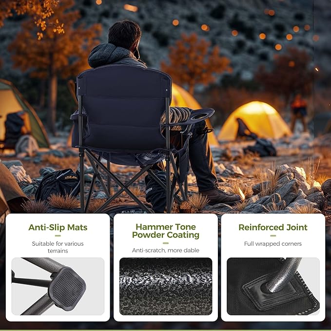 ALPHA CAMP Heavy Duty Camping Chair 500LBS Capacity, Oversized Folding Chair for Heavy People, Padded Portable Outdoor Chair with Cooler Bag & Cup Holder for Camping, Fishing, Beach ALPHACAMP