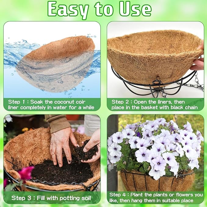 ZeeDix 2 Pack 18 Inch Large Hanging Baskets for Plants Outdoor with Coconut Liners Replacement, Hanging planters Baskets with Natural Coco Liner for Outdoor Indoor Planters Flowers Vegetables ZeeDix