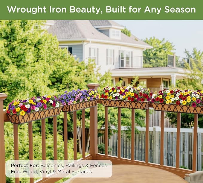 HFHOME 4 Pcs 30" Window Box Deck Railing Planter with Horse Trough Coco Liners, Black Metal Hanging Flower Planters Baskets for Indoor, Outdoor, Balcony, Porch, Fence, Patio, and Lawn HFHOME