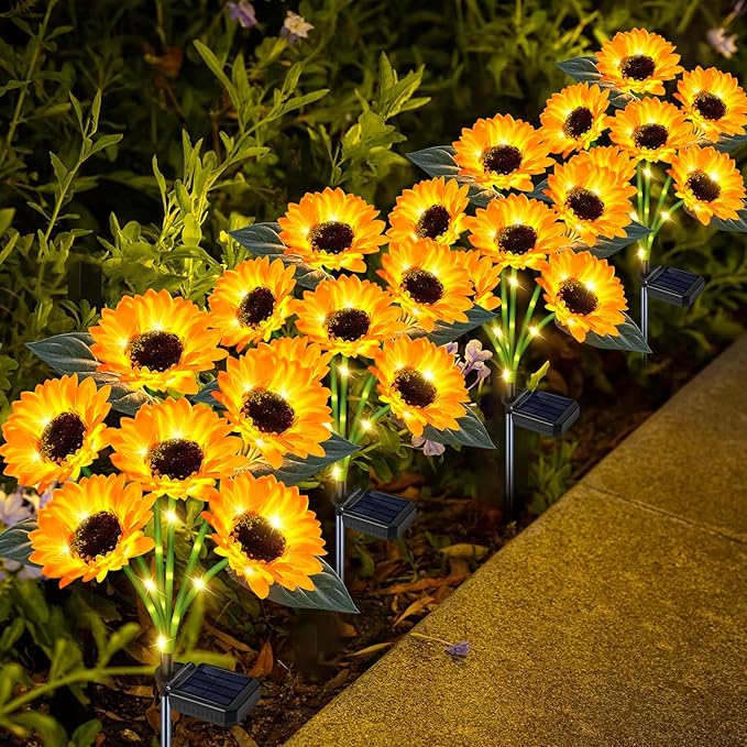 Solar Sunflower Lights Outdoor Flower Garden Stake Lights,4 Pack 24 Sunflower Waterproof Lights for Outside Party Gardening Gifts Mother's Day for Patio Yard Pathway Party Housewarming Gift yeuago