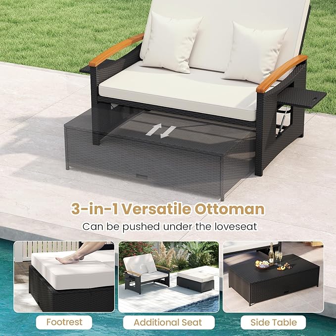 Tangkula Patio Rattan Daybed with 4-Level Adjustable Backrest, Outdoor Wicker Loveseat with Acacia Wood Armrest, Storage Ottoman & Folding Tray, Double Sunbed for Yard & Poolside (White & Black) TANGKULA