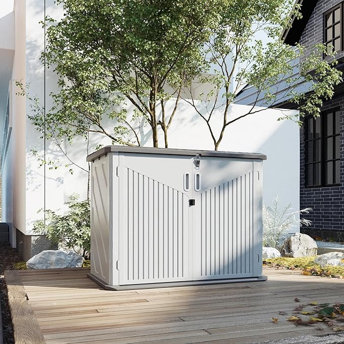 Aoxun 35 Cu.Ft Outdoor Storage Shed, Waterproof Horizontal Resin Cabinet for Trash Cans, Lawn Mowers, Generators, and Garden Tools, White Aoxun
