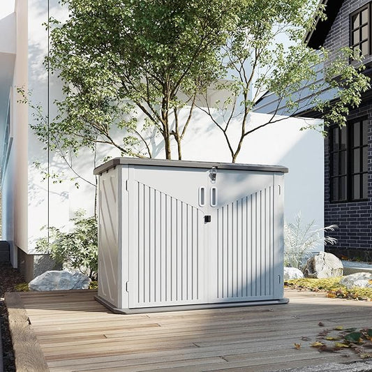 Aoxun 35 Cu.Ft Outdoor Storage Shed, Waterproof Horizontal Resin Cabinet for Trash Cans, Lawn Mowers, Generators, and Garden Tools, White Aoxun