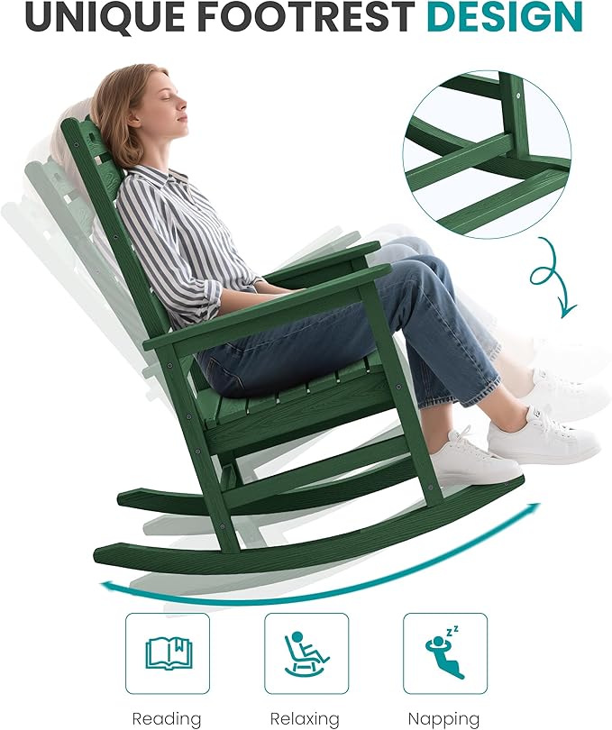 SERWALL Outdoor Rocking Chair, Oversized Rocking Chair with Footrest for Adults, HDPE All Weather Resistant Rocking Chairs for Patio, 350lbs Weight Capacity, Green SERWALL